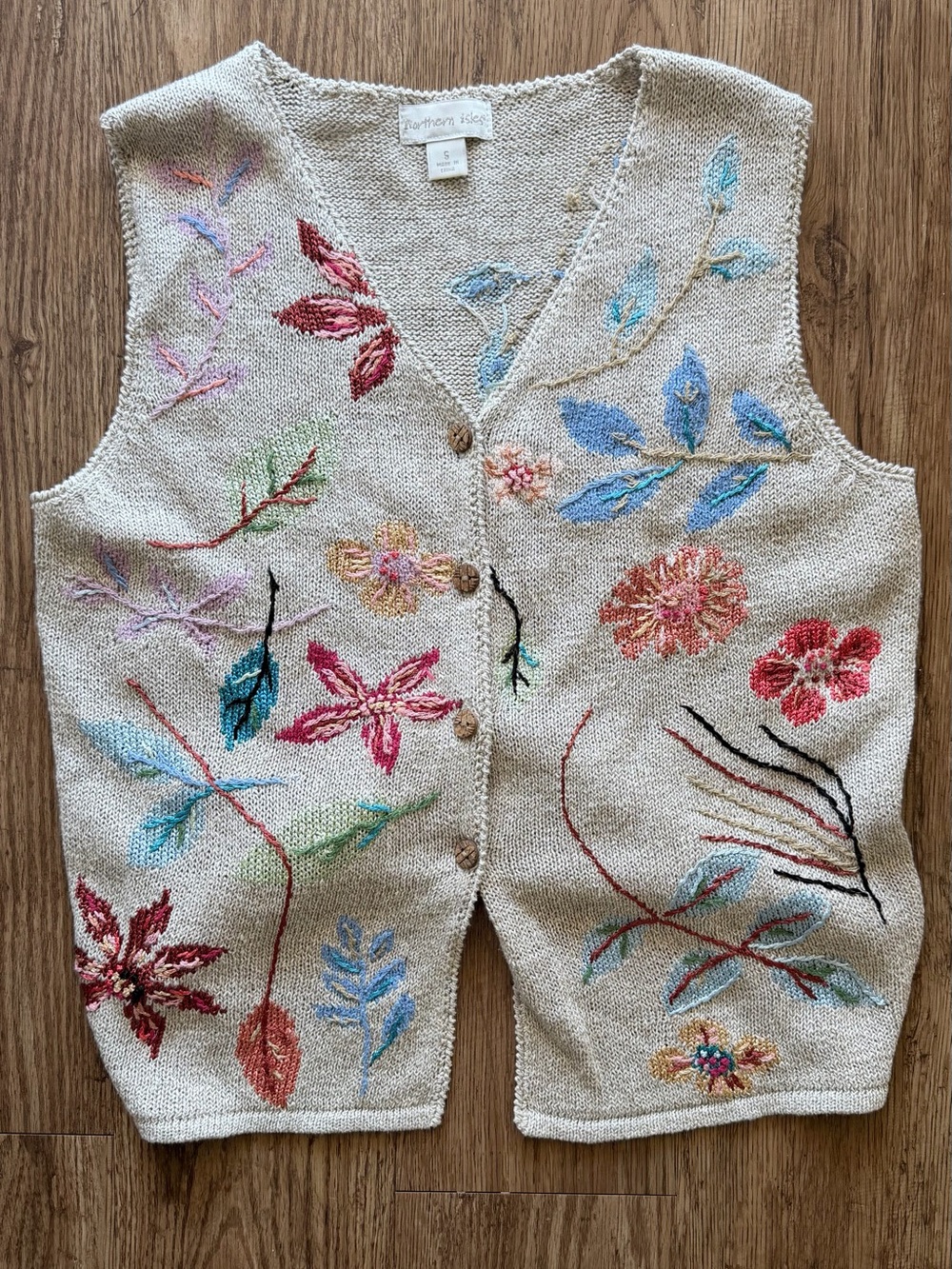 Colorful Embroidered Botanical Knit Sweater Vest  - Size Small